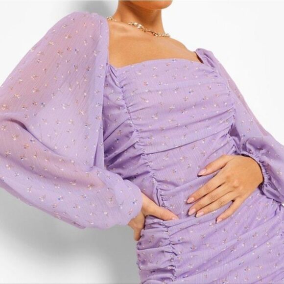 Boohoo long sleeve ruched front chiffon mini dress, size 18 - Picture 3 of 13